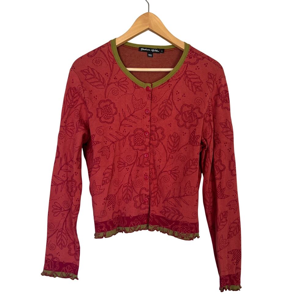 Gudrun Sjoden Knit Floral Pattern Button Down Women's Cardigan Sweater Sz L Red